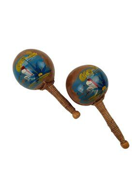 Mexico Maracas Music Maker Souvenir Wood Bird Painted Set Of 2
